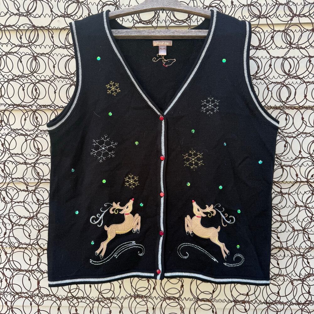 Vintage Y2K White Stag Prancing Reindeer Snowflakes Christmas Sweater Vest XXL